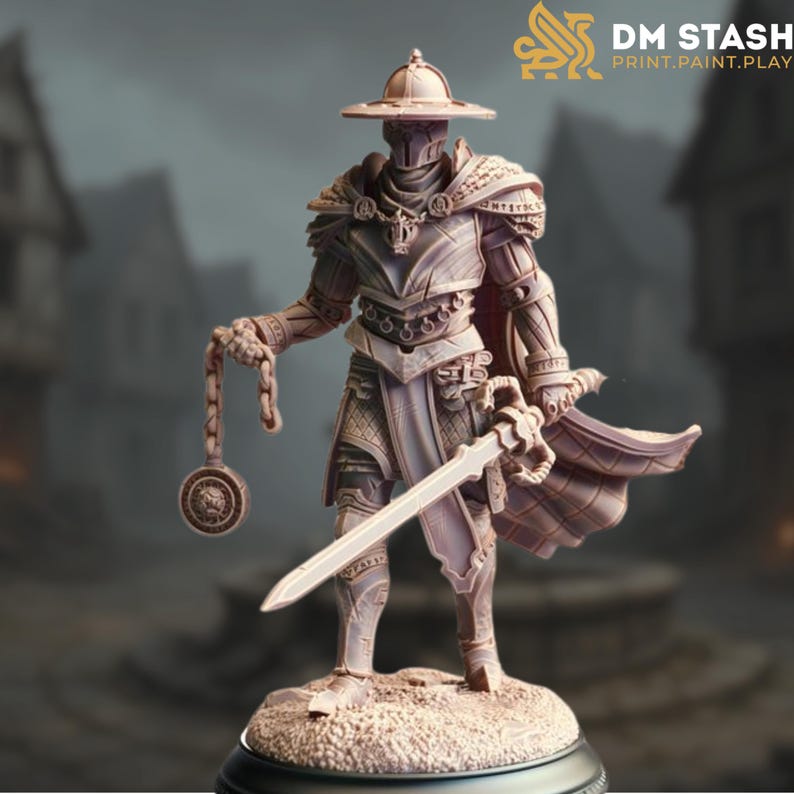 May include: A detailed miniature figurine of a knight in full armour, holding a sword and a chain with a round pendant. The knight is wearing a helmet with a wide brim and a flowing cape. The figurine is painted in a light brown colour and is standing on a circular base.