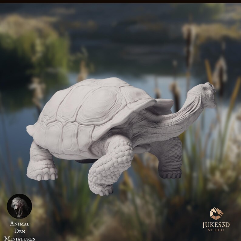 Rear angle view of the Galapagos tortoise miniature, showing the rounded shell dome and detailed patterning across the shell plates. The legs appear sturdy and grounded, with a natural walking stance