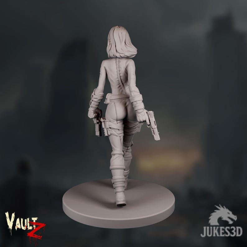 Rear view showing the tactical seams of her suit and the precision of the belt, holsters, and hair sculpt. The ruined city background enhances the survivalist tone of the piece.
