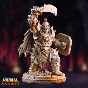 May include: A detailed miniature figurine of an Orc warrior, painted in a brown and grey colour scheme. The Orc is wearing armour with spikes and holding a sword and shield. The figurine is standing on a base with a textured surface.