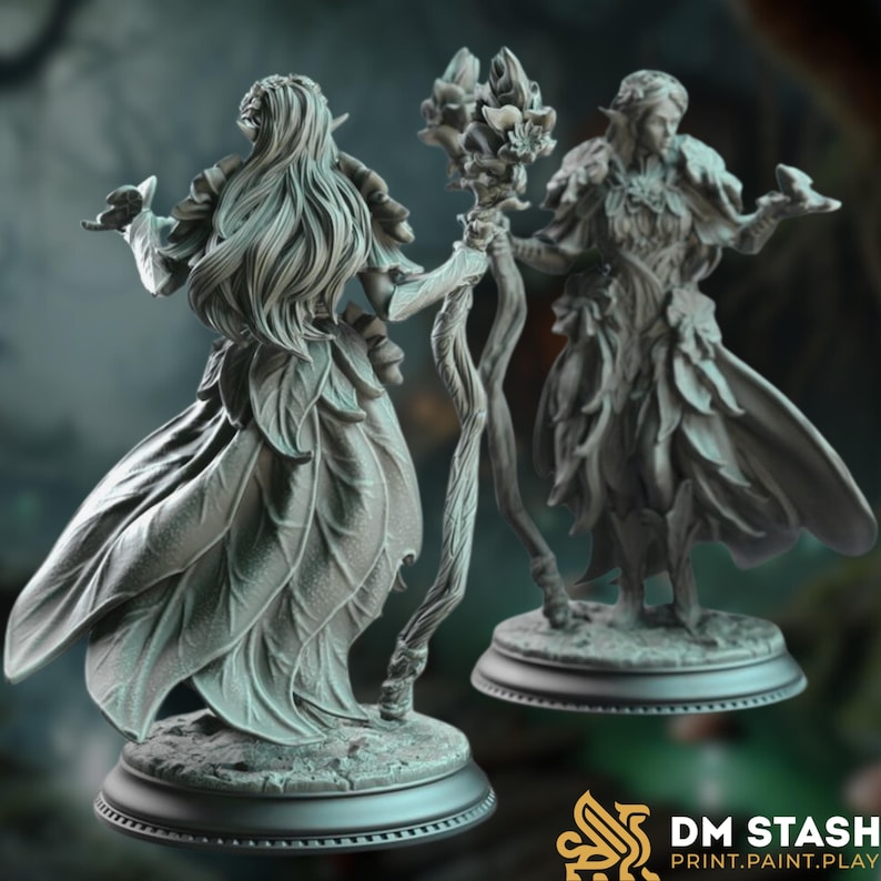 Rear view of the Feywalker showing flowing hair and cascading layers of leaf-like robes. The natural textures blend into the scenic forest base