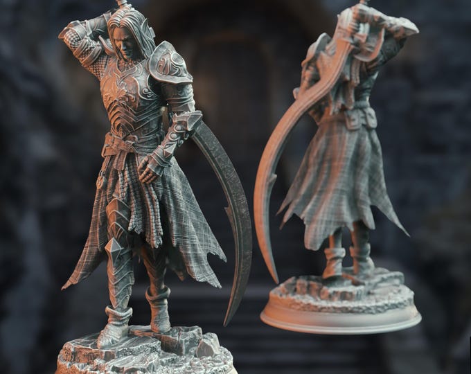 Dark Elf Fighter Miniature: Resin Drow Champion with Curved Sword