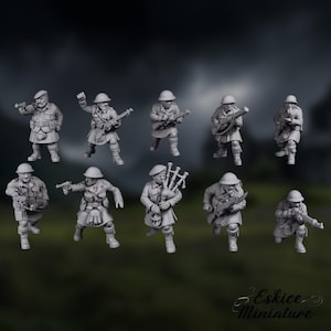 May include: A set of miniature figurines representing Scottish soldiers in action. The figures are dressed in military uniforms, kilts, and helmets, some holding rifles, pistols, or bagpipes. The figures are gray in color, suitable for tabletop gaming or collecting.
