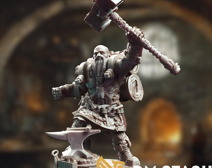 Dwarven Blacksmith Miniature – Dwarf Forge Master with Hammer | NPC, Artisan, or Smithy Mini for Tabletop RPG | 32mm Mini | DM Stash