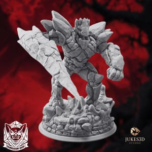 May include: A gray, unpainted miniature figure of a rock golem standing on a stone base. The creature has a jagged, crystalline body structure, a large pointed arm shield, and a clenched fist. The base features a textured, rocky surface.