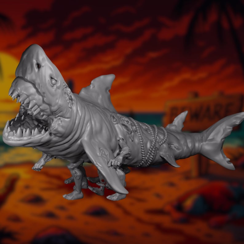 Massive zombie shark miniature with walking limbs, torn flesh, and stitched-together humanoid parts; posed mid-charge with open jaws.