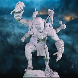 May include: A detailed, gray, 3D printed miniature of a monstrous creature with multiple arms, skulls, and other grotesque details. The creature is standing on a rocky base.