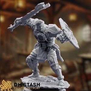 May include: A gray 3D printed miniature of a warrior figure holding a sword and shield. The figure is wearing armor and has a determined expression on its face. The miniature is set on a gray base.
