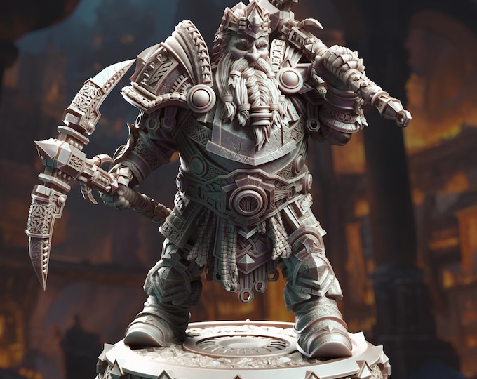 Dwarven General with Pickaxe Miniature | Dwarf Clan Leader Fighter with Crown Mini | Multiple Scale Options | By DM Stash