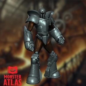 May include: A gray, metallic robot figure with a helmet and large, armored arms. The robot is standing with its arms raised, ready for battle.