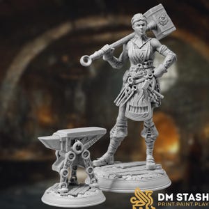 Female Blacksmith NPC Mini | Female Artisan Miniature | Smith with Hammer and Anvil | DM Stash