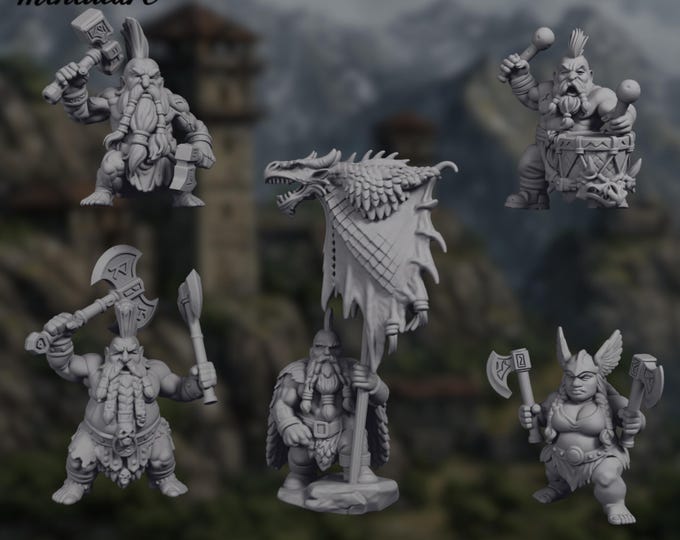 Dwarven Army Mini Set | Dwarven Warband Miniatures | Clan Warriors and Drummer | By Eskice Miniature