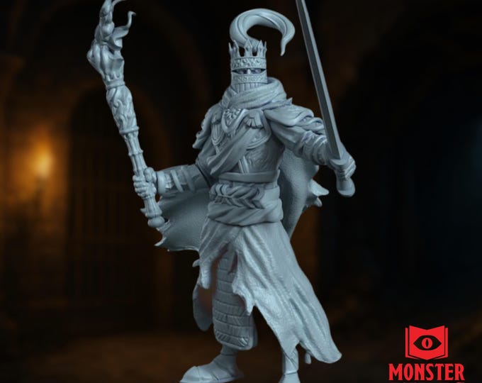 Death Knight Miniature | Undead Paladin Warlord with Flaming Staff and Sword Mini for Fantasy RPG Boss Battles | By Monster Atlas