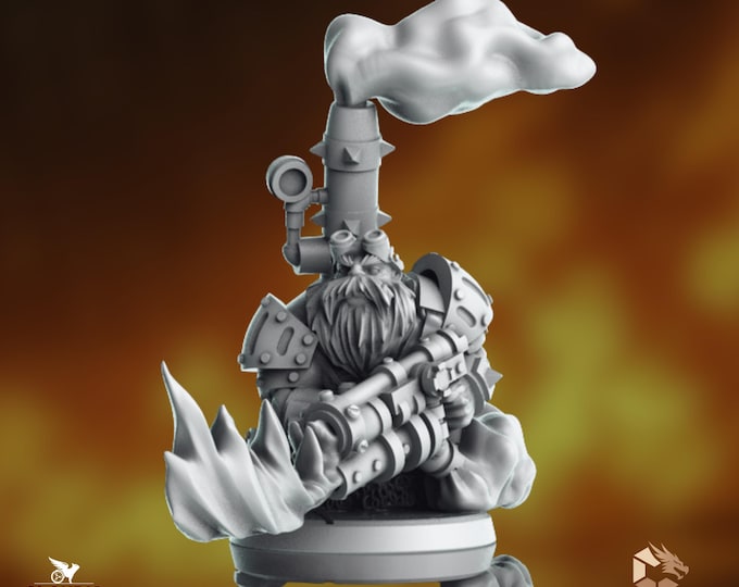 Dwarf with Flamethrower Mini | Dwarven Artificer Miniature | By Claudio Casini