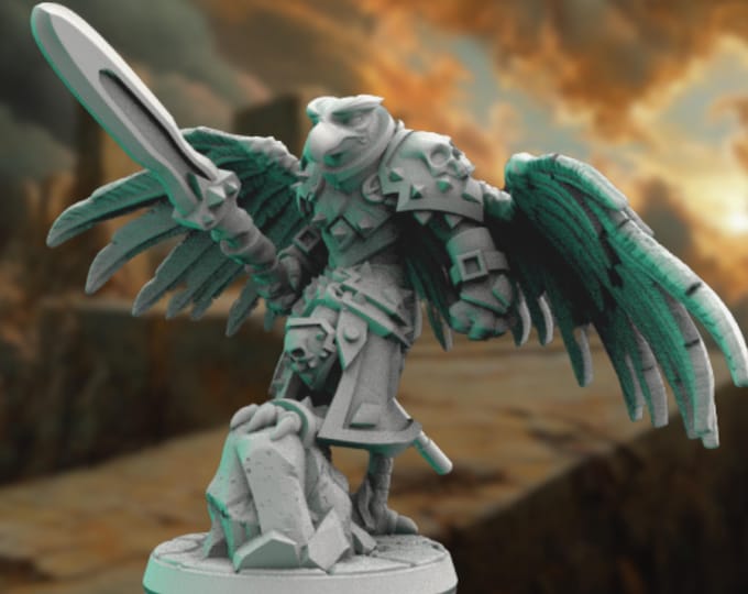 Aarakocra Paladin Mini | Flying Birdfolk Sword Fighter Miniature For TTRPGs | By Claudio Casini