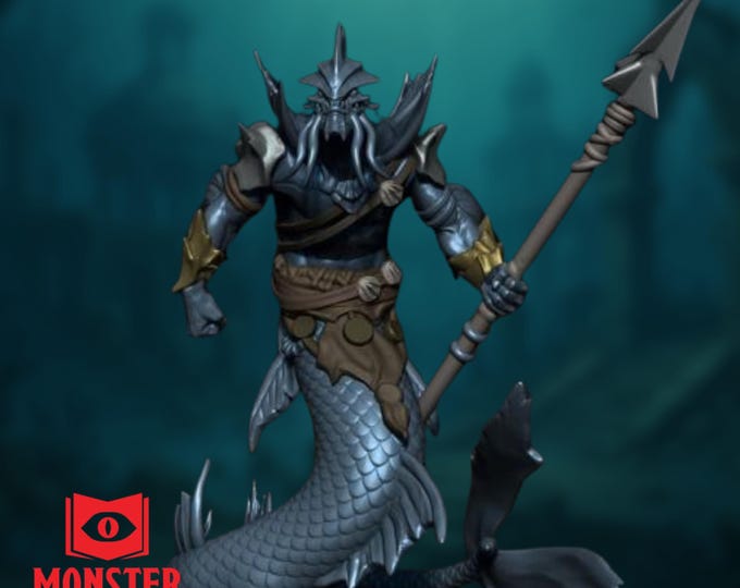 Deep Sea Merrow Mini | Scaled Sea Trident Monster Miniature For Underwater Encounters | By Monster Atlas
