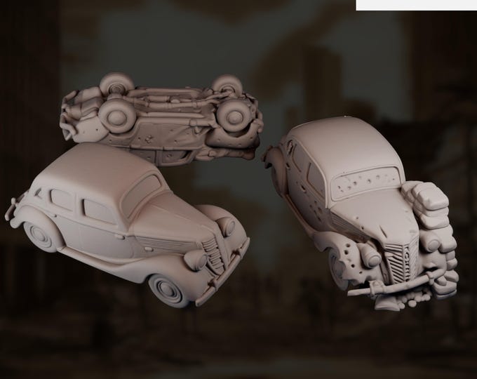 Vintage Wartime Car Miniatures | Damaged & Barricaded Civilian Vehicles | Eskice Miniatures