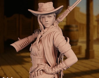 Female Outlaw Miniature | Female Gunslinger with Rifle & Hat | Wild West Resin Model | By Nerikson