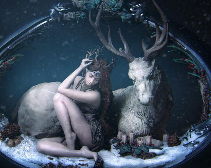 Winter Stag & Woodland Spirit Diorama – 3D Printed Christmas Model Kit (Unpainted, DIY) - By Nerikson