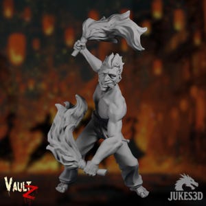 May include: A gray 3D-printed figurine of a muscular figure holding two flaming torches. The figure is wearing pants and has a determined expression. The Vault Z and Jukes3D logos are visible.
