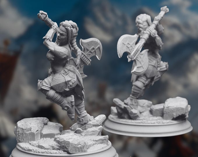 Duergar Female Barbarian Miniature: Axe Fighter, Rocky Base - DM Stash