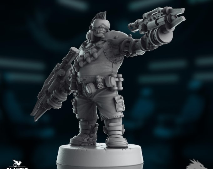 Cyberpunk Enforcer Mini | Heavy Gunner Sci Fi Miniature | Dual Weapon Enforcer | Claudio Casini