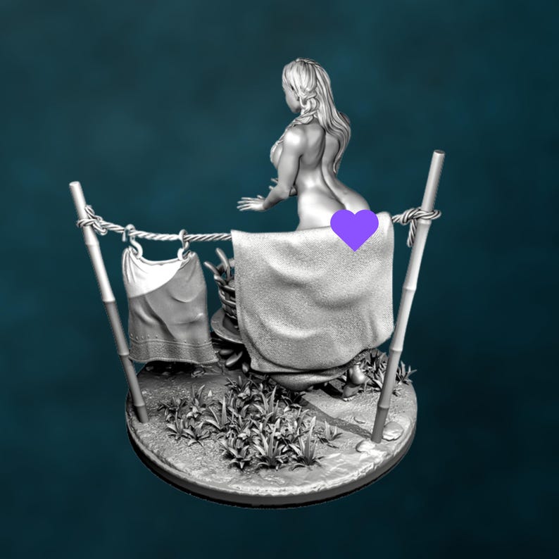Side view of nude fantasy pinup woman with towel-draped clothesline and laundry basket base on circular textured platform.