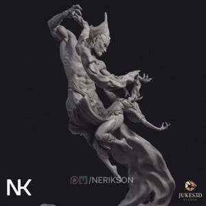 May include: A grayscale sculpture of two figures in dynamic poses. One figure, muscular and adorned with a headdress, appears to be lifting another figure. The sculpture has a detailed, textured surface. The image includes the text "@H/NERIKSON" and "JUKES3D STUDIO".