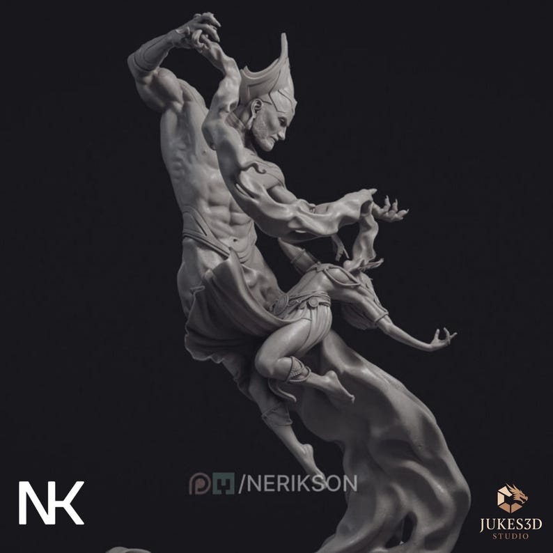 May include: A grayscale sculpture of two figures in dynamic poses. One figure, muscular and adorned with a headdress, appears to be lifting another figure. The sculpture has a detailed, textured surface. The image includes the text "@H/NERIKSON" and "JUKES3D STUDIO".