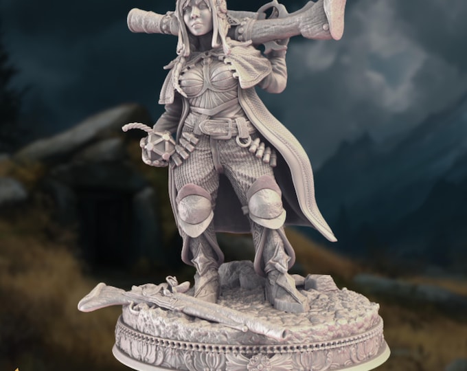 Female Dwarf Hunter Mini | Dwarven Gunslinger Miniature with Rifle | By DM Stash