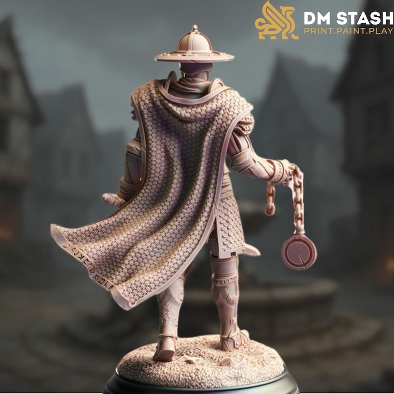 May include: A detailed miniature figure of a warrior wearing chainmail armour and a cloak, holding a chain with a circular weight. The figure is standing on a round base.