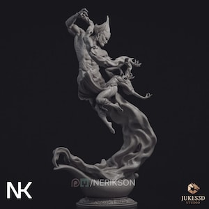 Unpainted genie model with muscular djinn spirit rising from a magical lamp, carrying a floating dancer amid swirling smoke-like sculpted motion.