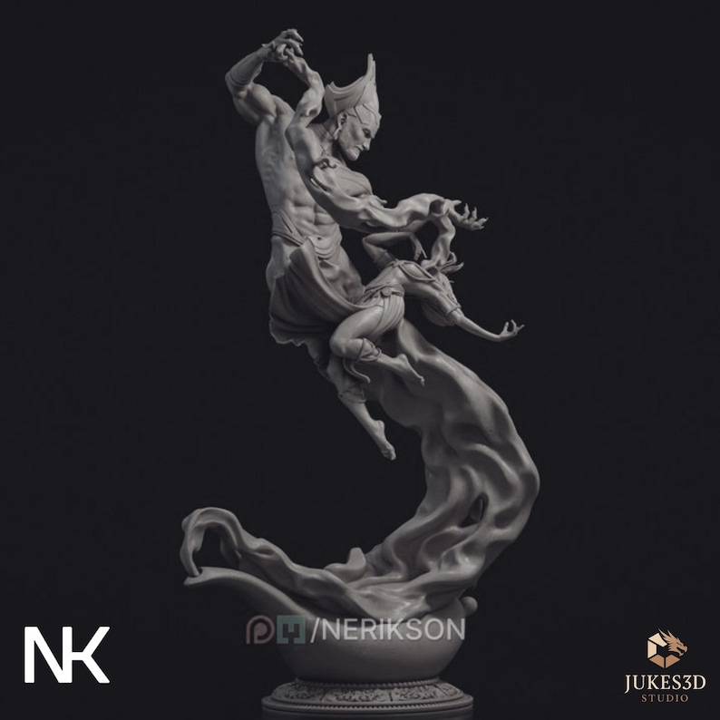 Unpainted genie model with muscular djinn spirit rising from a magical lamp, carrying a floating dancer amid swirling smoke-like sculpted motion.