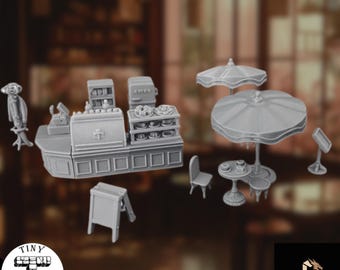 Sidewalk Café Terrain Set | Cyberpunk City Scatter | Modern Urban Scenery | Tiny Furniture