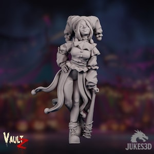 May include: A 3D-printed figurine of a smiling jester in a classic outfit. The jester wears a ruffled collar, button-down top, and a long coat with dangling fabric. The jester is holding a bat and wearing boots. The Vault Z and Jukes3D logos are visible.