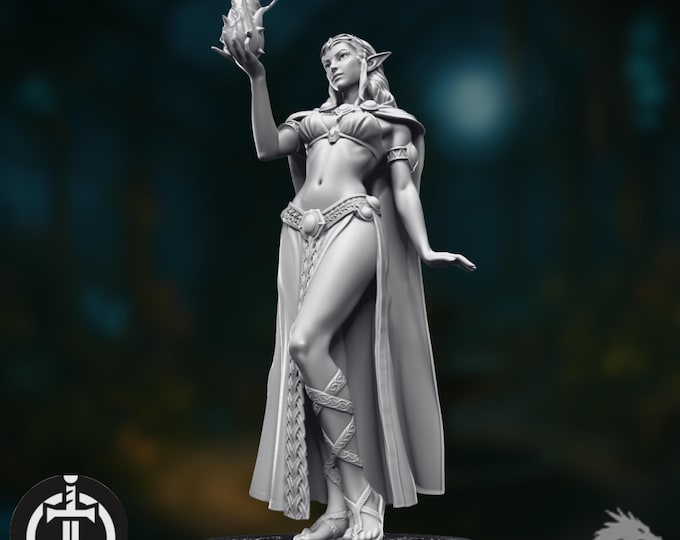 Elven Wizard Mini | Sorcerer Miniature | Female Spellcaster with Magic Flame | Broken Swords