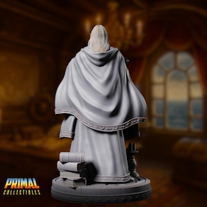 Rear angle showing the wizard’s full-length cloak cascading in delicate folds. His long hair flows down his back, and the tome is visibly braced under his palm, creating a striking silhouette perfect for painting.