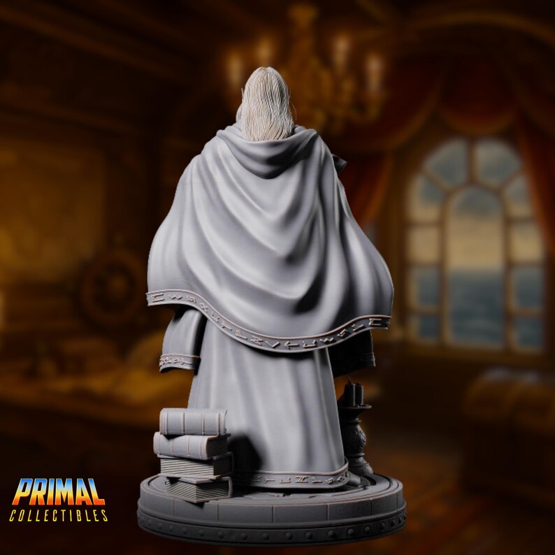 Rear angle showing the wizard’s full-length cloak cascading in delicate folds. His long hair flows down his back, and the tome is visibly braced under his palm, creating a striking silhouette perfect for painting.