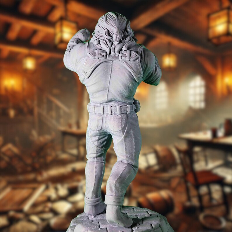 Back view of a Leonin Brawler miniature, showing detailed muscles and a flowing mane, standing confidently in a tavern setting. Perfect for a fierce fighter or warrior character.