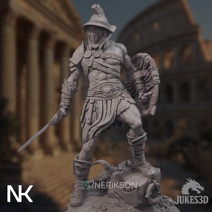 May include: A detailed sculpture of a gladiator in full armor, holding a sword and shield. The figure is standing on a rocky base. The gladiator wears a helmet, chest armor, and a skirt. The background features a blurred image of a Roman structure. The sculpture is a light gray color.