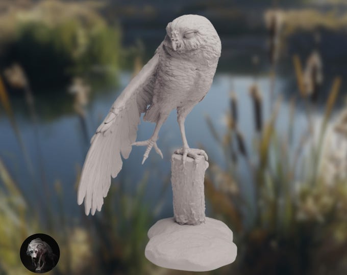Stretching Owl Sculpture | Paintable Resin Owl on Perch | By Animal Den Miniatures