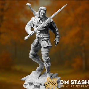 May include: A white, 3D printed miniature of a fantasy warrior holding a sword. The figure is standing on a wooden base. The figure is wearing chainmail armor and leather pants. The figure has a beard and long hair.