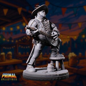 Orc bard miniature standing on a tavern-style base, dressed in ruffled shirt and feathered hat, passionately playing a lute.