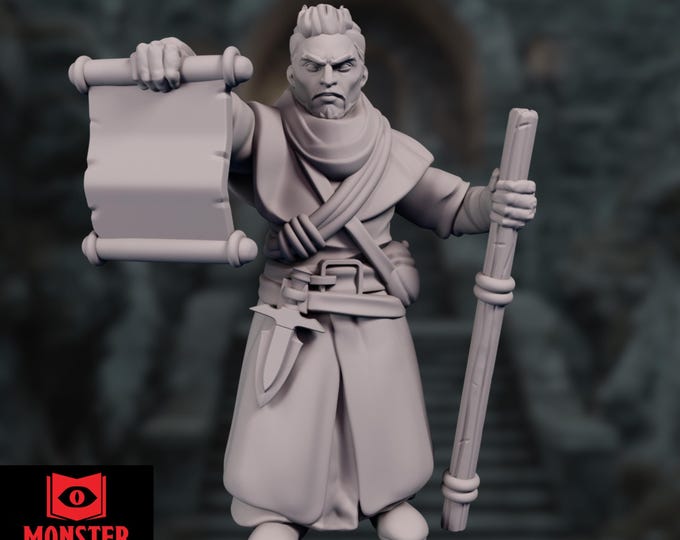Order of Scribes Wizard Mini | Wizard or Sorcerer Miniature | Scholar of Magic with Staff | By Monster Atlas