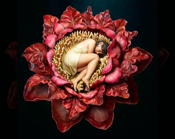 Floral Bed Resin Model Kit | Slumbering Woman in Giant Bloom | 1:11 Scale Display Art | by Kuton Figurines
