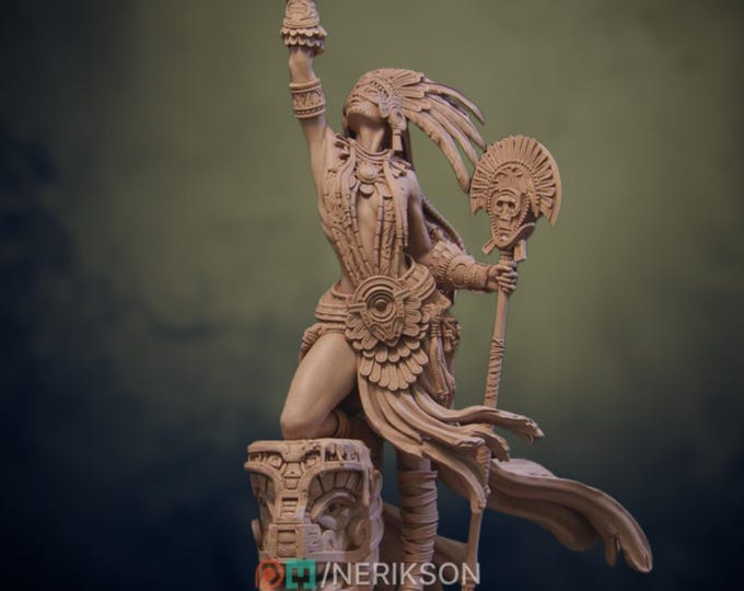 Aztec Ritual Leader Mini | Feathered Death Caller Priestess with Sacrificial Temple Base | By Nerikson