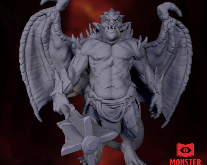 Pit Fiend Demon Mini | Winged Demon Warlord Miniature | Horned Tyrant with Spiked Mace and Bat Wings | By Monster Atlas