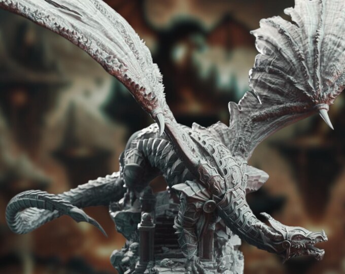 Epic Armored Dragon Mini | Massive Winger Wyrm Perched Over Ruins Miniature | By DM Stash