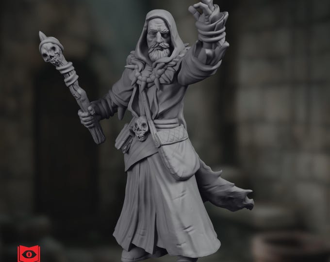 Male Necromancer Miniature | Hooded Sorcerer with Skull Staff | Dark Wizard NPC | By Monster Atlas