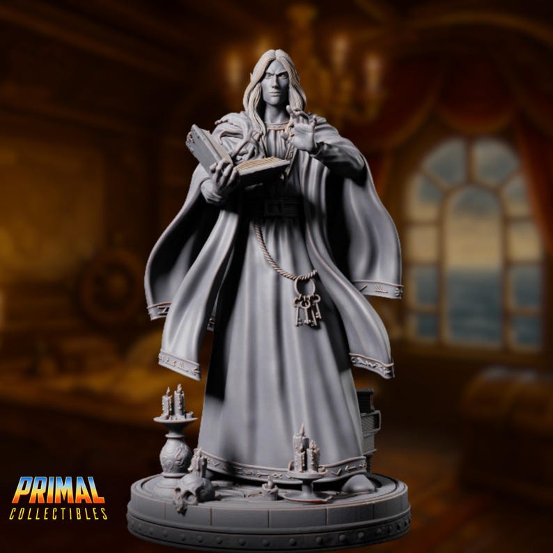 Frontal view of the elf wizard frozen mid-spell, his eyes focused forward. The tome in his hand and the angle of his gesture imply a sudden surge of magic, ideal for dramatic tabletop moments.